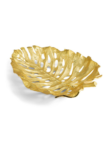 一对现代镀金金属 monstera 叶中心装饰碗