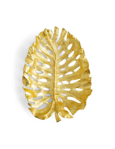 一对现代镀金金属 monstera 叶中心装饰碗