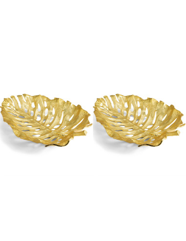 一对现代镀金金属 monstera 叶中心装饰碗