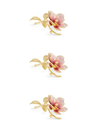 一套 3 件粉色木兰花装饰品，镀金金属和珐琅材质，现代风格