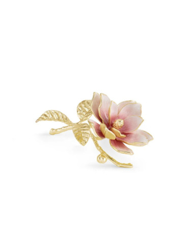 一套 3 件粉色木兰花装饰品，镀金金属和珐琅材质，现代风格