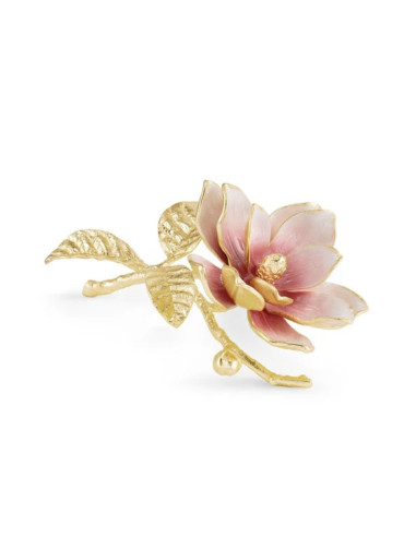 一套 3 件粉色木兰花装饰品，镀金金属和珐琅材质，现代风格