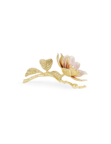 一套 3 件粉色木兰花装饰品，镀金金属和珐琅材质，现代风格