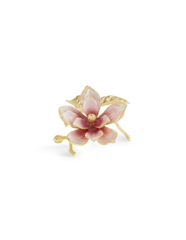 一套 3 件粉色木兰花装饰品，镀金金属和珐琅材质，现代风格