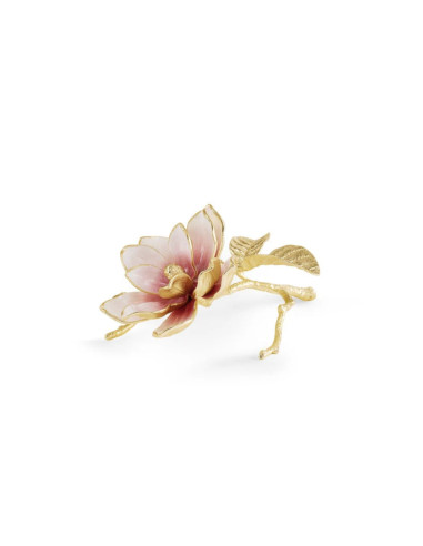 一套 3 件粉色木兰花装饰品，镀金金属和珐琅材质，现代风格