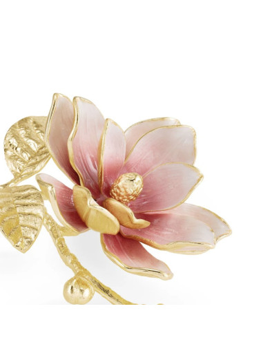 一套 3 件粉色木兰花装饰品，镀金金属和珐琅材质，现代风格