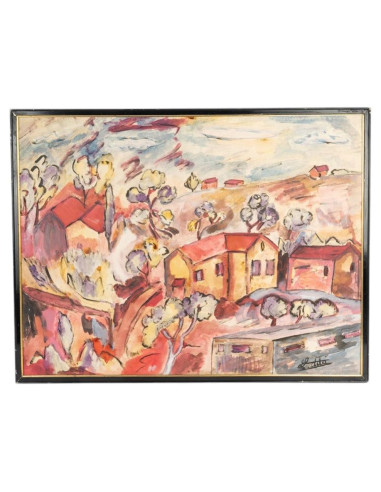 油画，画布油画，描绘山坡上的房屋，皮埃尔·莱达（1914-1994）作品，...