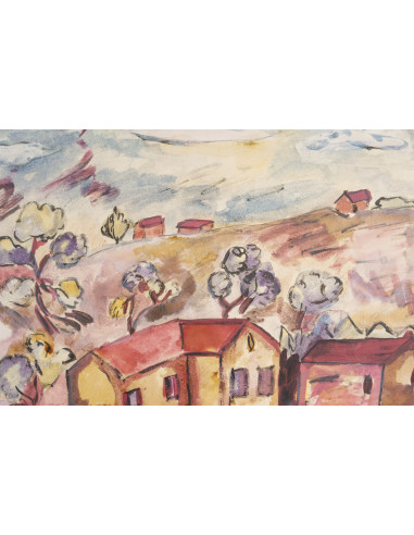 油画，画布油画，描绘山坡上的房屋，皮埃尔·莱达（1914-1994）作品，...