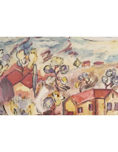 油画，画布油画，描绘山坡上的房屋，皮埃尔·莱达（1914-1994）作品，...