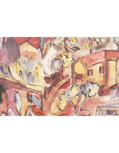 油画，画布油画，描绘山坡上的房屋，皮埃尔·莱达（1914-1994）作品，...
