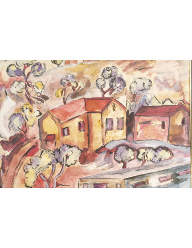油画，画布油画，描绘山坡上的房屋，皮埃尔·莱达（1914-1994）作品，...