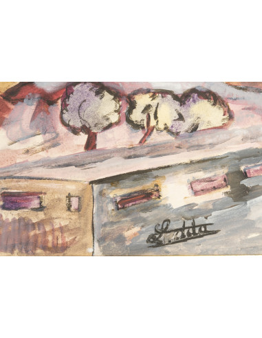 油画，画布油画，描绘山坡上的房屋，皮埃尔·莱达（1914-1994）作品，...