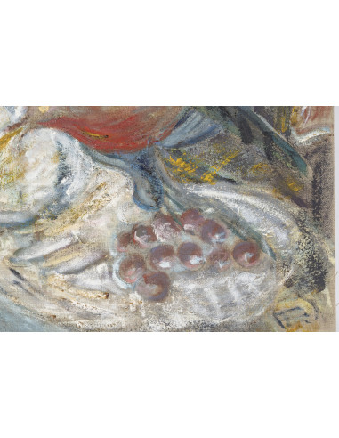 布面油画，描绘果树上的鸟儿，20世纪。