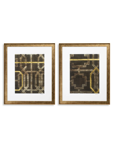 一套镀金藤格纹版画，玻璃下的几何图案蚀刻画