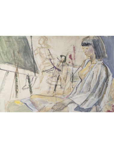 一幅描绘模特的大型水彩画，绘于纸上，20世纪。
