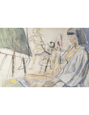 一幅描绘模特的大型水彩画，绘于纸上，20世纪。