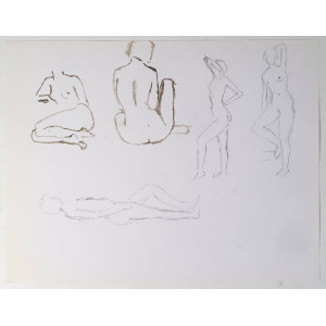 纸本双面素描，描绘裸体女性，20世纪。