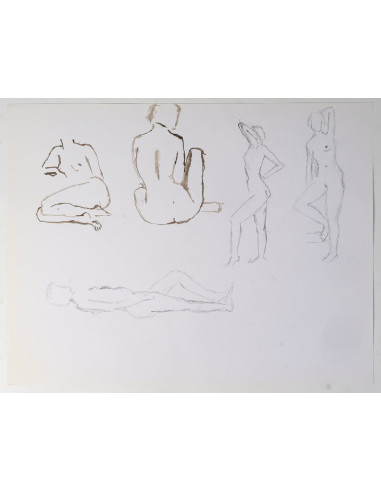 纸本双面素描，描绘裸体女性，20世纪。