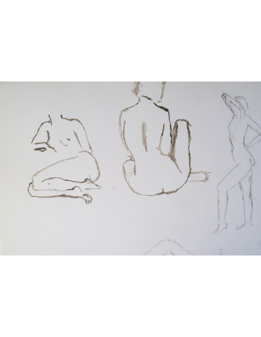 纸本双面素描，描绘裸体女性，20世纪。