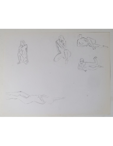 纸本双面素描，描绘裸体女性，20世纪。