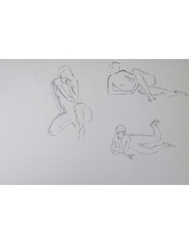 纸本双面素描，描绘裸体女性，20世纪。
