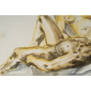 埃维琳·吕兹创作的水彩画，描绘了两名躺着的女性，20世纪。 2