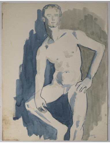 埃维琳·吕兹创作的纸本水彩画，描绘了一位青年男子，20世纪。