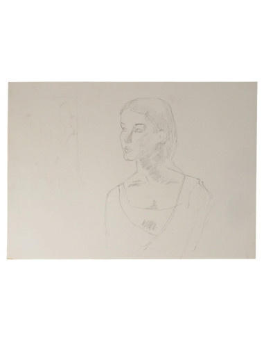一幅描绘年轻女子面容的纸本素描，20世纪。