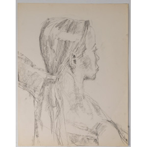 一幅描绘年轻女子面容的纸本素描，20世纪。