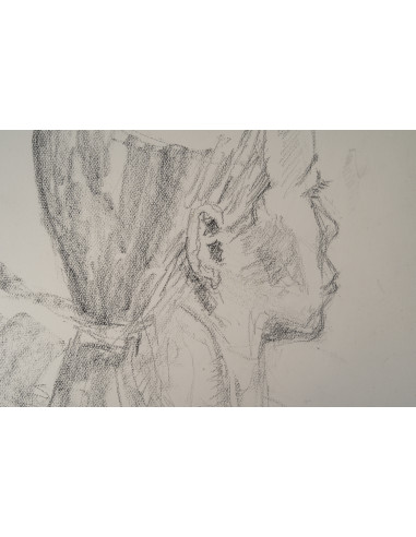 一幅描绘年轻女子面容的纸本素描，20世纪。