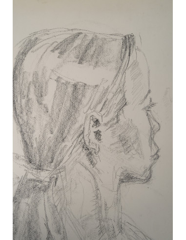 一幅描绘年轻女子面容的纸本素描，20世纪。