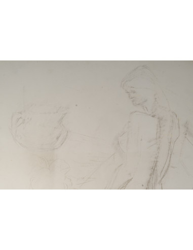 一幅描绘一位坐着的年轻女子的纸上素描，20世纪。