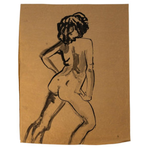 纸本水彩画，描绘了一位裸体年轻女子的背影，20世纪作品。