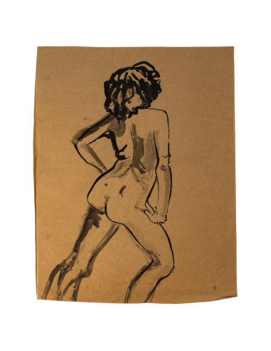 纸本水彩画，描绘了一位裸体年轻女子的背影，20世纪作品。