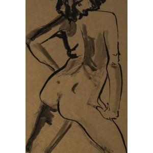 纸本水彩画，描绘了一位裸体年轻女子的背影，20世纪作品。 2