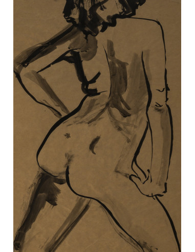 纸本水彩画，描绘了一位裸体年轻女子的背影，20世纪作品。