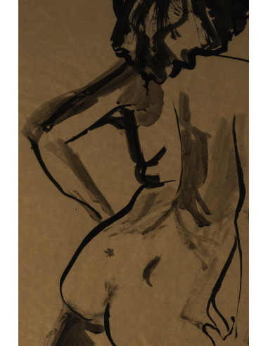 纸本水彩画，描绘了一位裸体年轻女子的背影，20世纪作品。