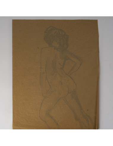 纸本水彩画，描绘了一位裸体年轻女子的背影，20世纪作品。