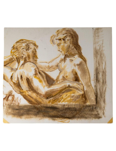 纸本水彩画，双面绘制，描绘了一对夫妇和一名男子，20世纪。