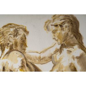 纸本水彩画，双面绘制，描绘了一对夫妇和一名男子，20世纪。 2
