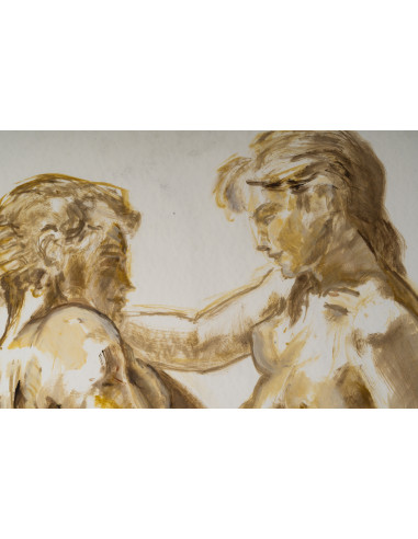 纸本水彩画，双面绘制，描绘了一对夫妇和一名男子，20世纪。
