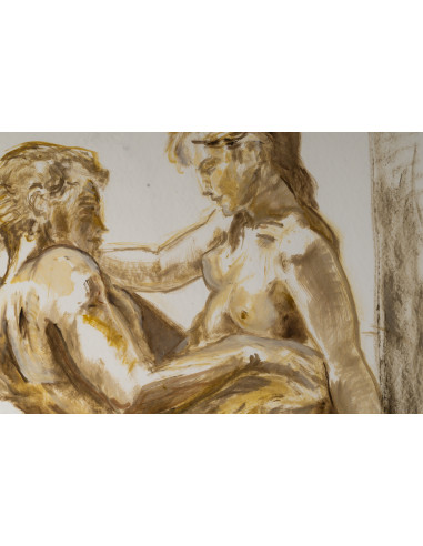 纸本水彩画，双面绘制，描绘了一对夫妇和一名男子，20世纪。