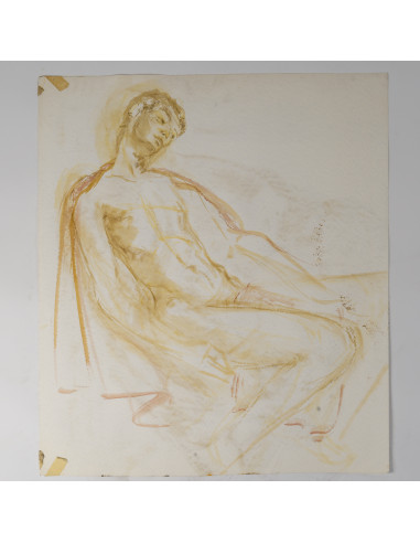 纸本水彩画，双面绘制，描绘了一对夫妇和一名男子，20世纪。
