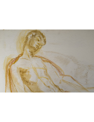 纸本水彩画，双面绘制，描绘了一对夫妇和一名男子，20世纪。