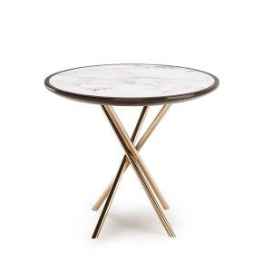 Lacquered round table on marble, brass legs